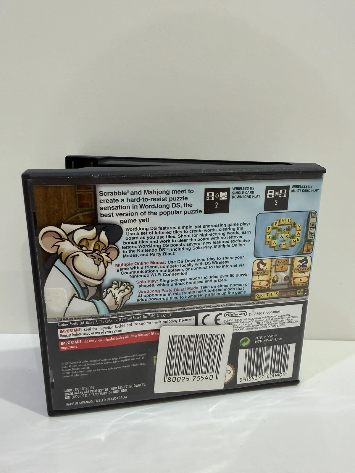 Wordjong Nintendo DS game cartridge with original case and manual, very good condition.