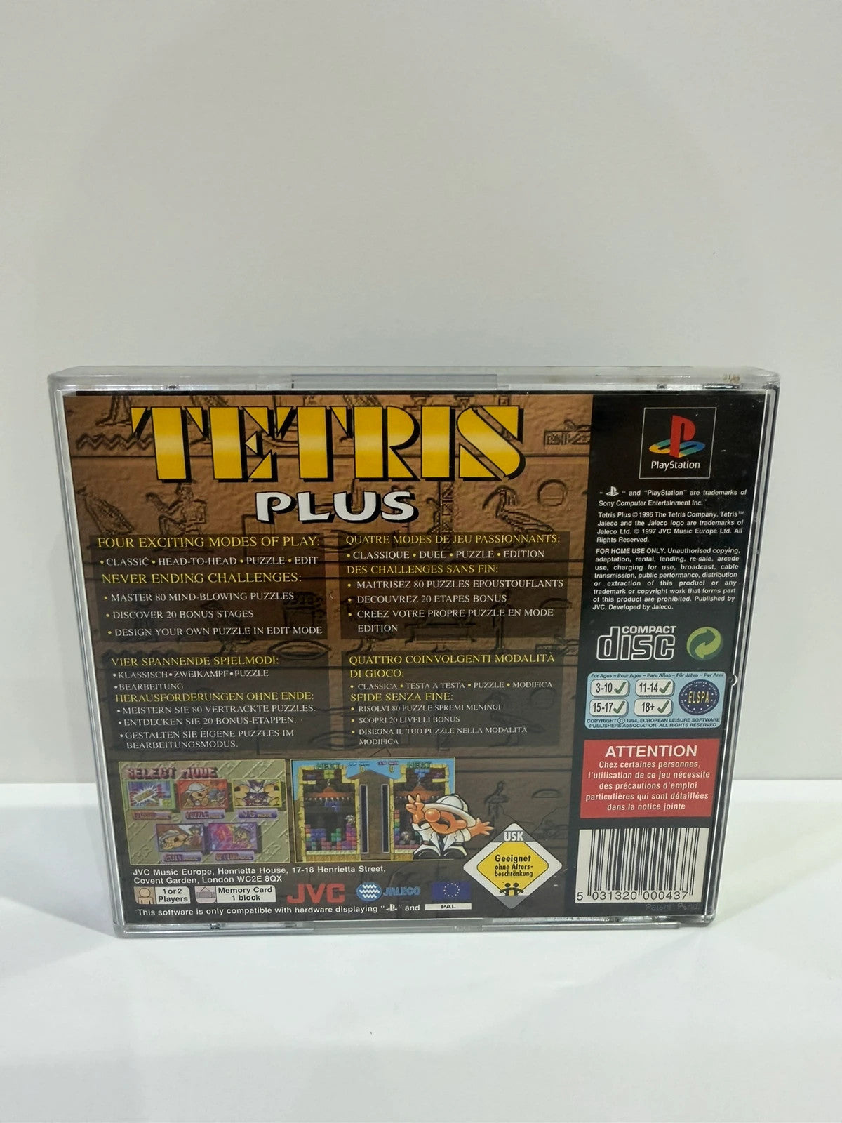 Tetris Plus PS1 video game disc and case with visible crack, no front inlay.