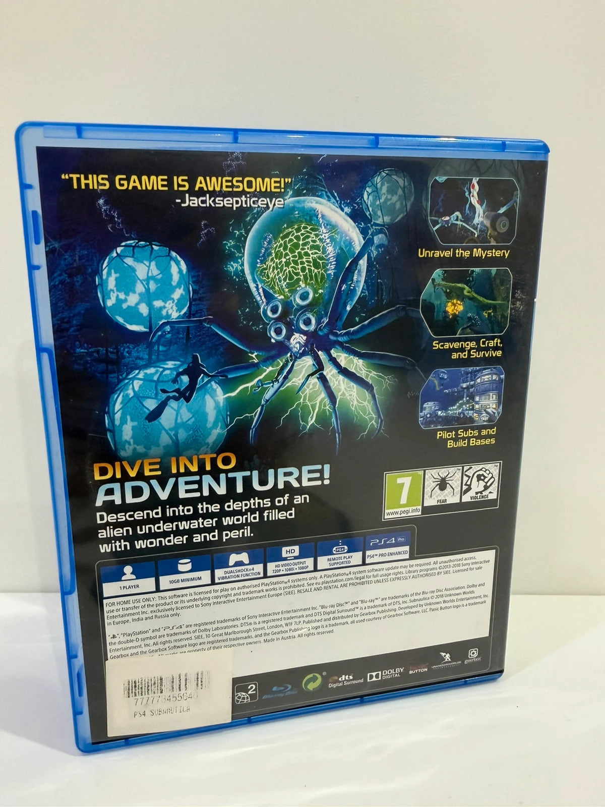 Subnautica PS4 game disc and case with vibrant underwater cover art.