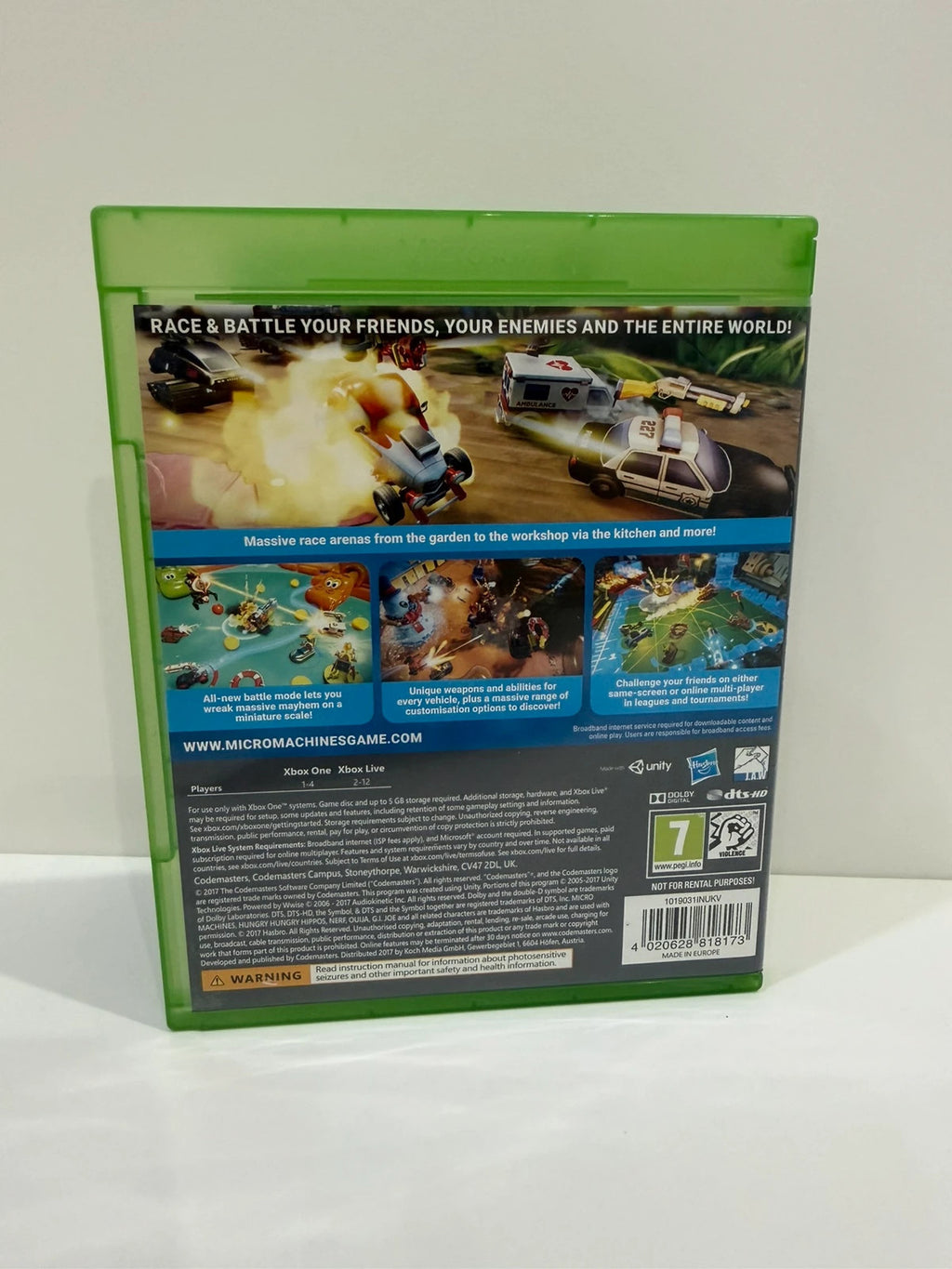 Micro Machines World Series Xbox One game case with disc and manual in very good condition.