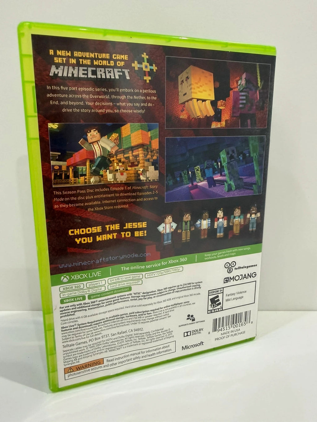 Minecraft Story Mode Xbox 360 game case with colorful cover art and disc included.