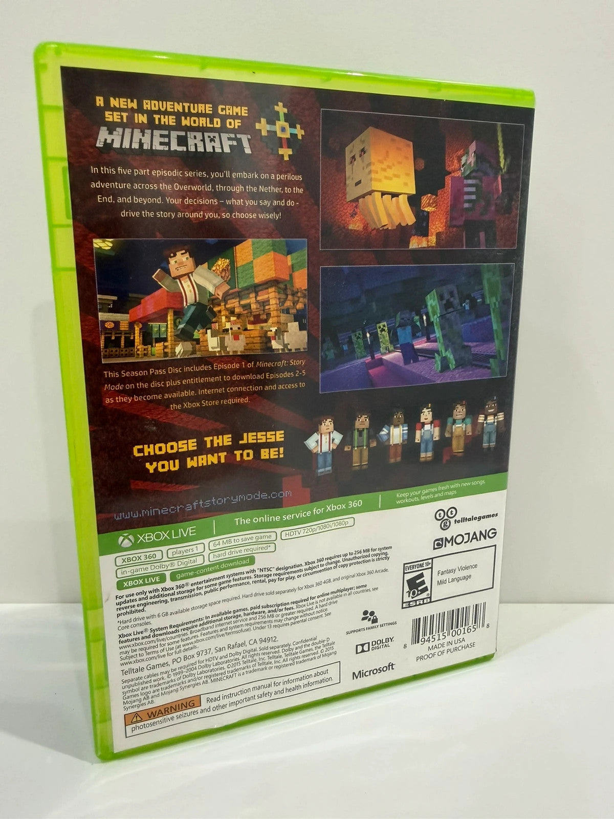 Minecraft Story Mode Xbox 360 game case with colorful cover art and disc included.