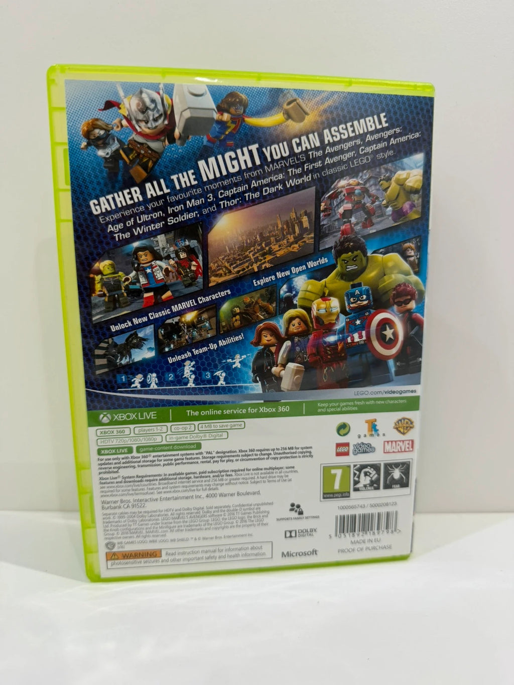 LEGO Marvel Avengers video game for Xbox 360, complete with case, disc, and manual.