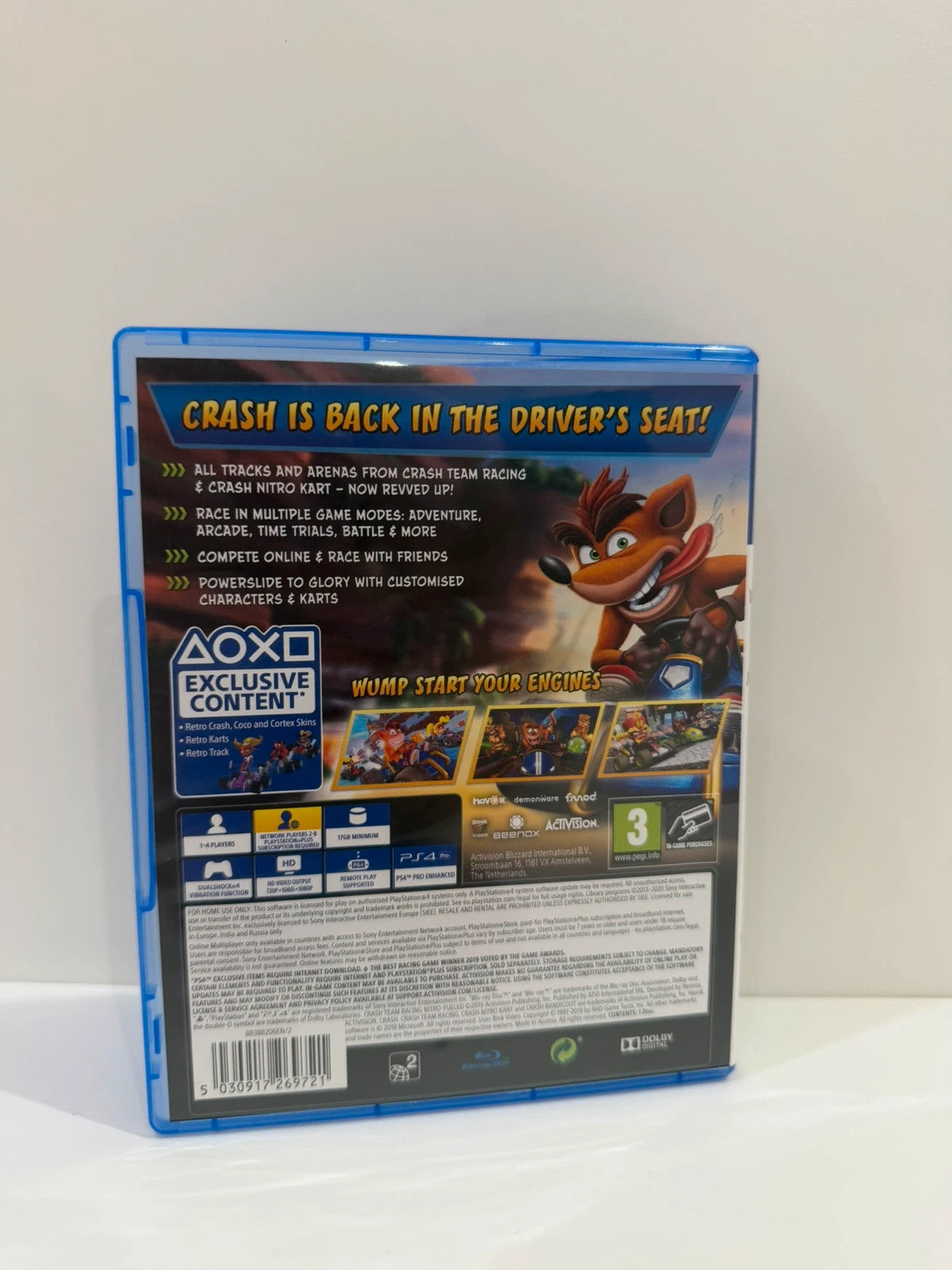 Crash Team Racing Nitro-Fueled PS4 game disc and case with colorful cover art.
