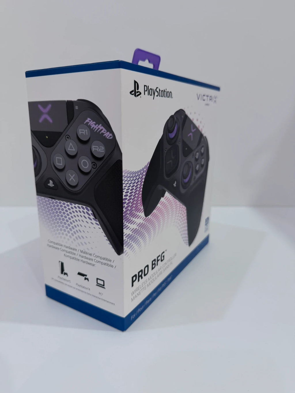 Victrix black wireless game controller with interchangeable buttons and PlayStation logo.
