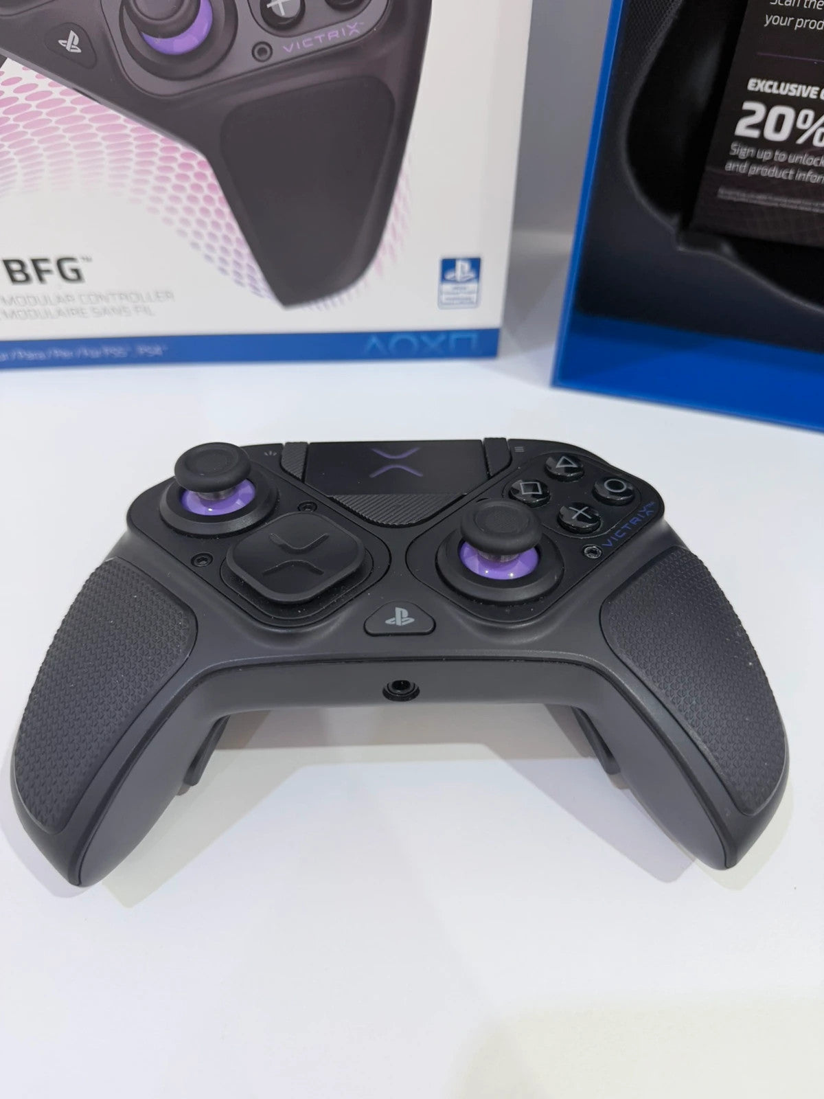 Victrix black wireless game controller with interchangeable buttons and PlayStation logo.