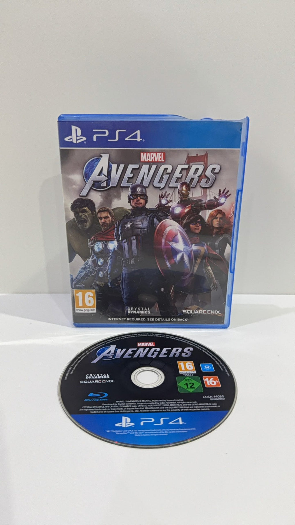 Marvel Avengers PS4 video game case and disc, PAL UK edition, tested working condition.
