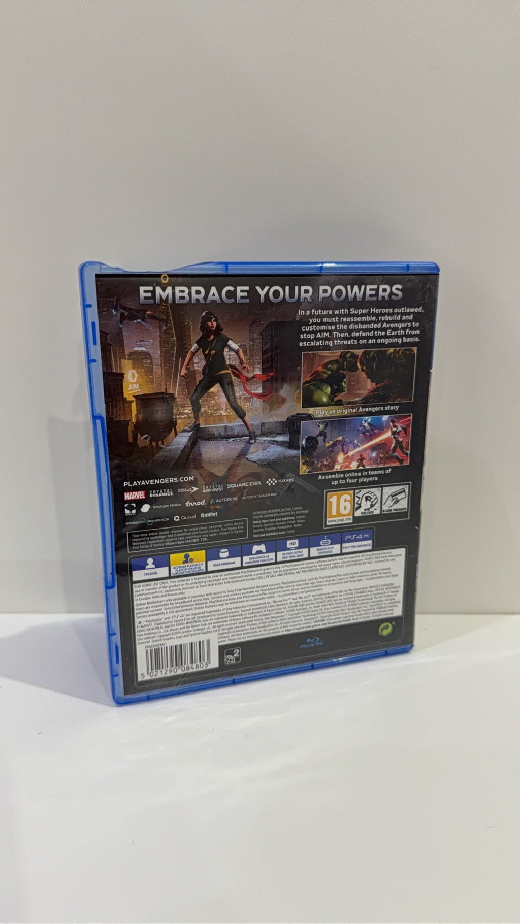 Marvel Avengers PS4 video game case and disc, PAL UK edition, tested working condition.