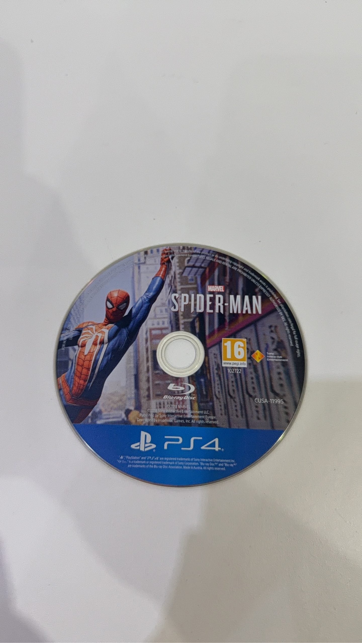 Marvel Spider-Man PS4 video game case and disc, PAL UK version, very good condition.
