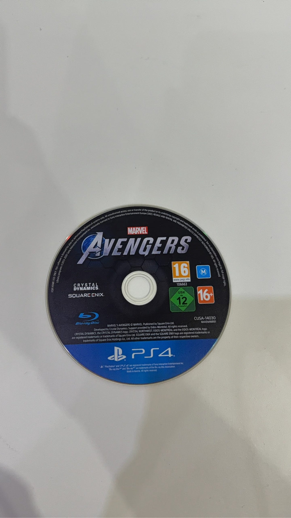 Marvel Avengers PS4 video game case and disc, PAL UK edition, tested working condition.