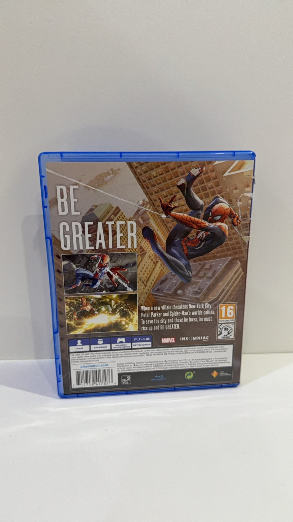 Marvel Spider-Man PS4 video game case and disc, PAL UK version, very good condition.