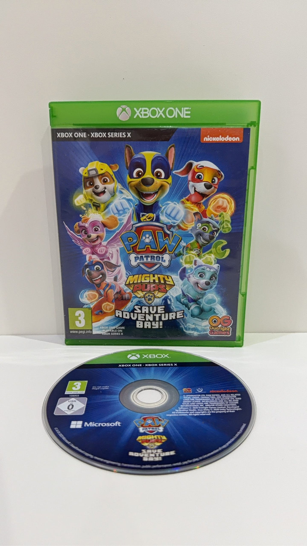Paw Patrol Mighty Pups Save Adventure Bay Xbox One PAL UK video game with case and disc.