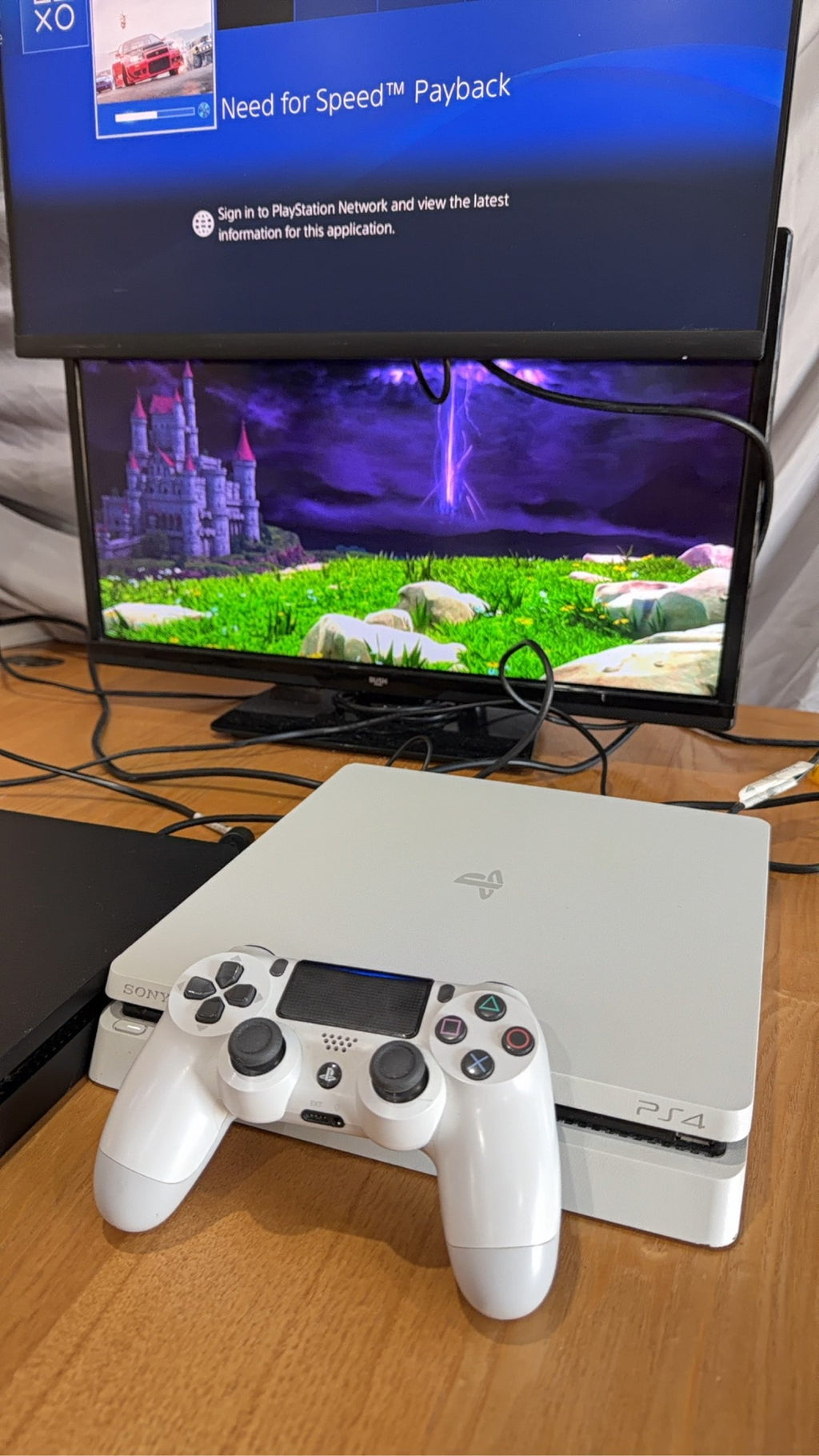 Sony PlayStation 4 Slim White 500GB Console with Controller and Cables, pre-owned gaming system.
