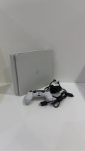 Sony PlayStation 4 Slim White 500GB Console with Controller and Cables, pre-owned gaming system.